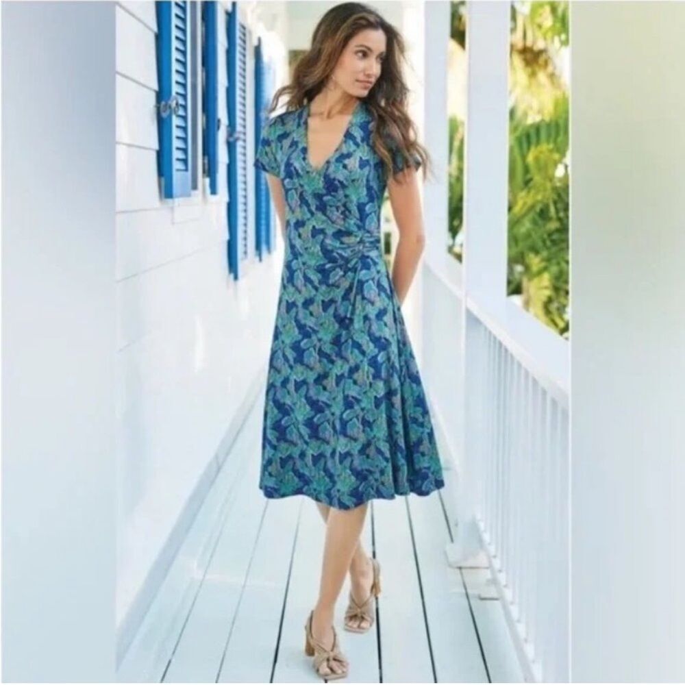 Soft Surroundings Blue Green Floral Faux Wrap Giselle Midi Dress Size M